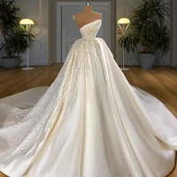 ivory strapless satin wedding dresses a line court train luxury heavy beading pearls ruched bridal gowns vestidos