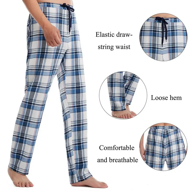 

Men's Home Pants Polyester Drawstring Spring Casual Sleep Bottoms Male Plus Size Plaid Print Sleepwear Pajama Pants For Men New