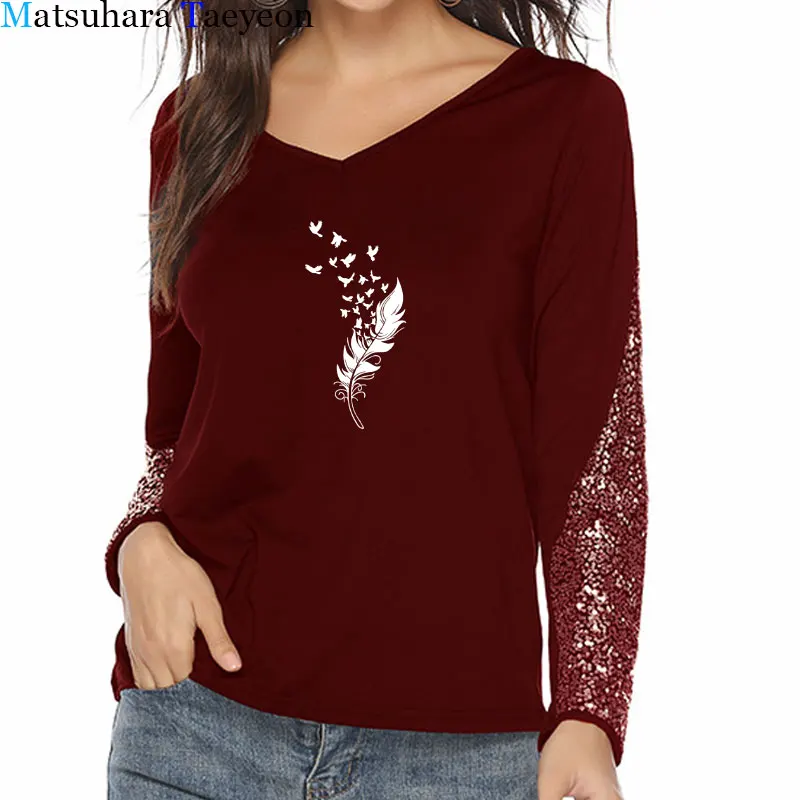 

Fashion Long Sleeve Tshirt Womens Casual Spring Autumn Tees Top Woman Harajuku Feathers Graphic T Shirt Sequins Patchwork Tshirt