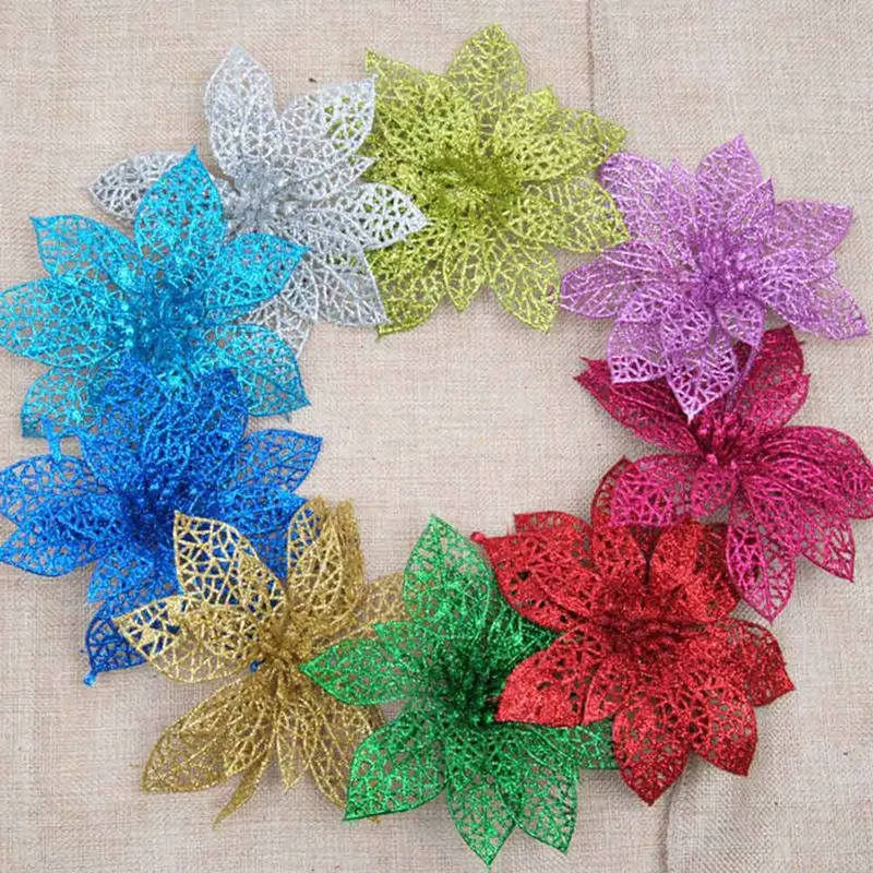 

Artificial Flowers Christmas Fake Flowers Glitter Merry Christmas Tree Ornaments Xmas Decorations For Home New Year