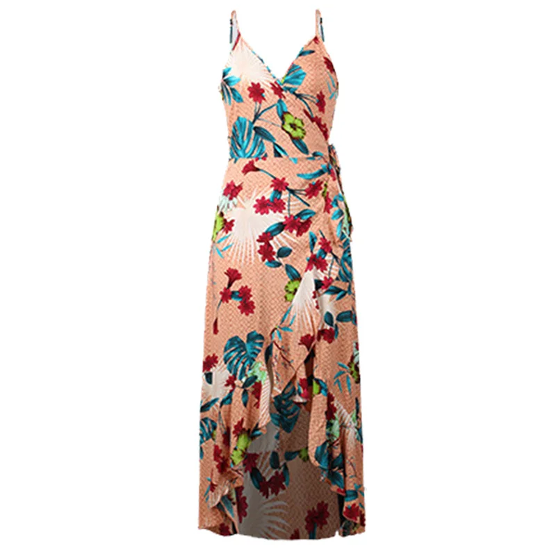 

Bohemia Floral Print Spaghetti Strap Sleeveless V Neck Women Dress Sexy Elegant Ruffle Split Fork Fashion Ladies Long Dresses