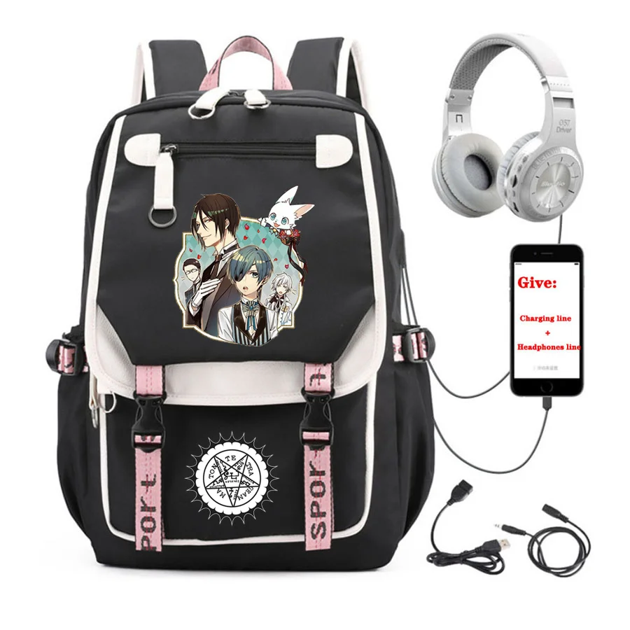 

anime Black Butler backpack student School book Bag Unisex Travel Backpack USB Charging teenagers Laptop packsack
