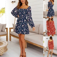 hirigin women floral pattern dress fashion sexy elegant long sleeve big hem skirt summer cool beach vacation skirt for female
