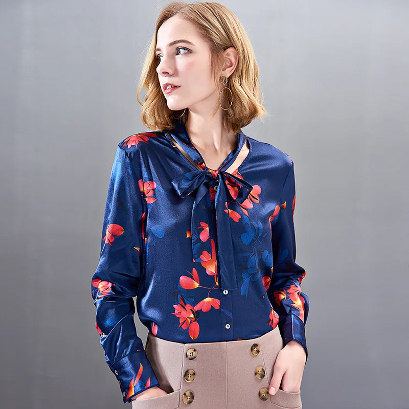 women s blouses and tops silk floral office formal casual shirts plus large size 2019 summer sexy Haut femme blue red flower tie