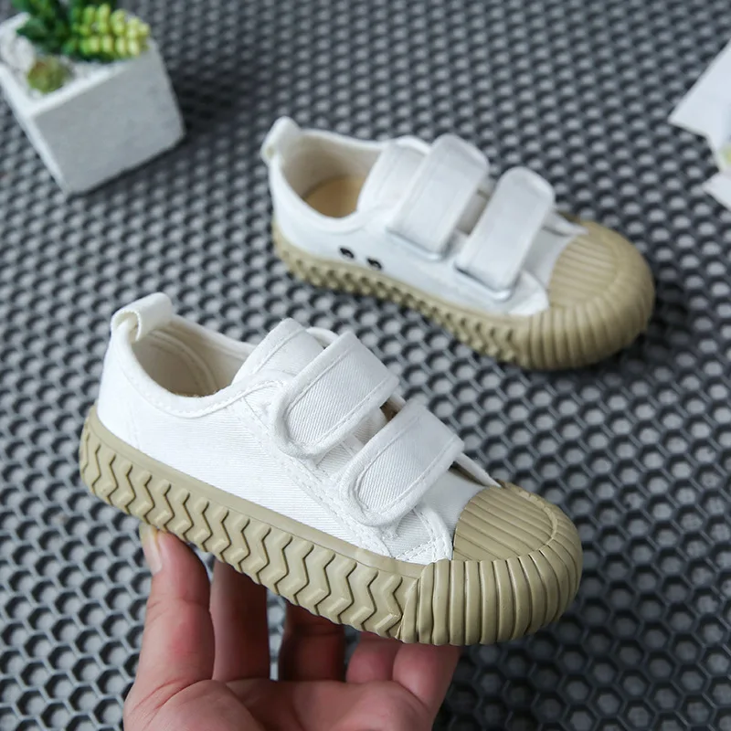 

Kids White Canvas Sneakers Boys Girls Cookies Sports School Cloth Hook&Loop Shoes Casual Low Cut Bread Board Shoes for Children