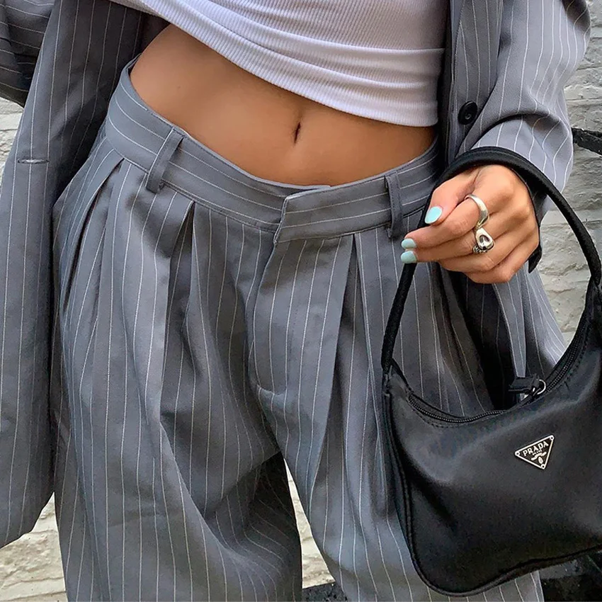 

High Fashion Street Pants Women Casual Solid Stripe Zipper High Waisted Wide Leg Pants Korean Harajuku Trousers Streetwear S-L