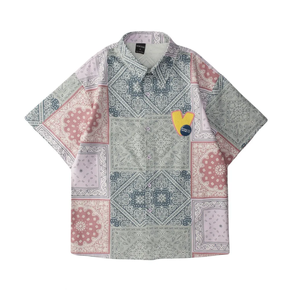 

LOVZON Restoring Ancient Ways Cashew Printing Man Ins High Street Five Popular Logo Loose Collar Sleeve Short Sleeves