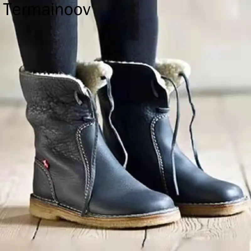 

Termainoov Women Boots Warm Winer Boots Wool Flats Short Boots Big Size 43 Martin Boots Lace Up Booties