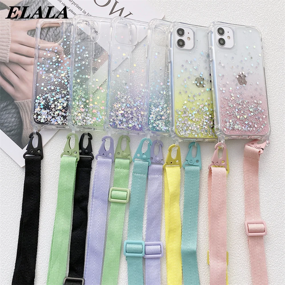 

Glitter Phone Cover for iPhone 13 11 12 Pro Max XR XS SE 2020 7 8 Plus Bling Shockproof Case with Crossbody Necklace Lanyard