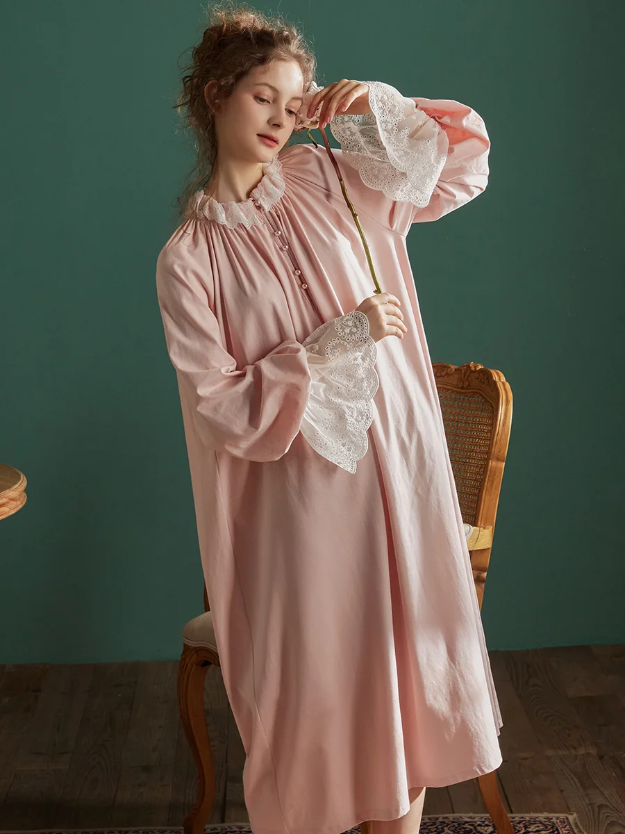 

Hanxiuju Vintage Cotton Women's Long Nightgowns Spring Autumn Lace Long Sleeve Round Neck Princess Elegant Sleepwear Plus Size