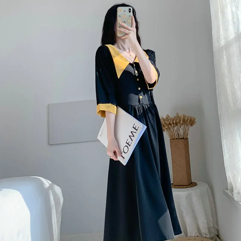 

Women Retro Black Shirt Dresses Summer Yellow Peaked Collar Patchwork Color Design Short Sleeve Calf Length One Piece Vestidos