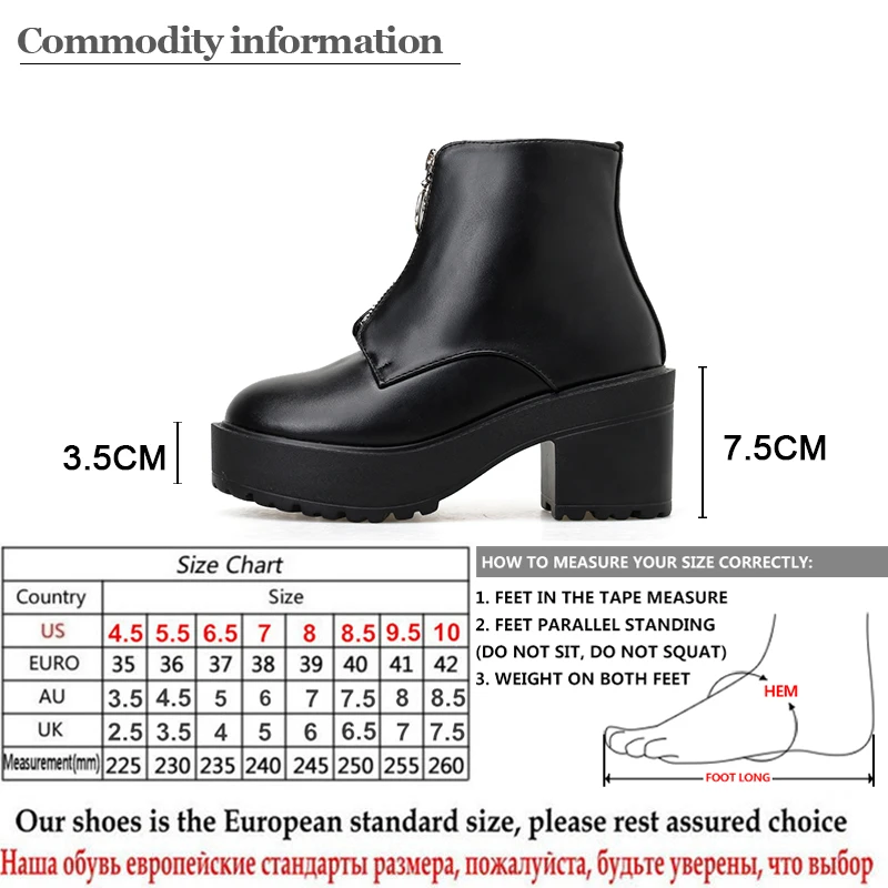 

Gdgydh Fashion Zipper Block Heel Boots Women Platform Shoes Short Boots Woman Autumn Leather Black Gothic Style High Quality