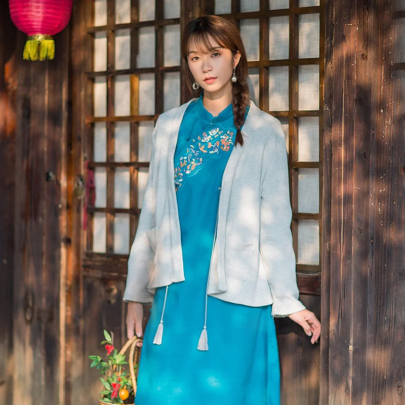 Женское трикотажное хлопковое пальто с длинным рукавом и открытым воротником |