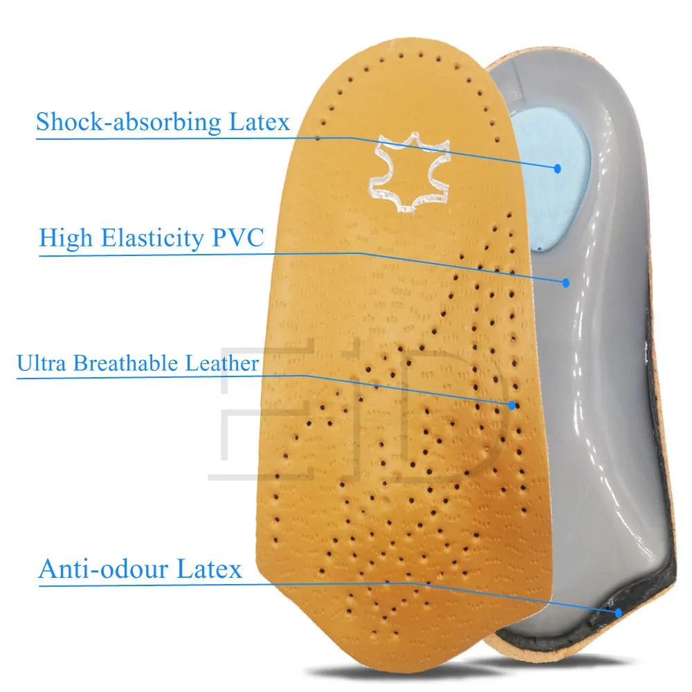 EID 3/4 length Leather insole Flat Foot Orthotic insoles Arch Support 2.5cm Half Shoe Pad Orthopedic Insoles Foot Care Unisex