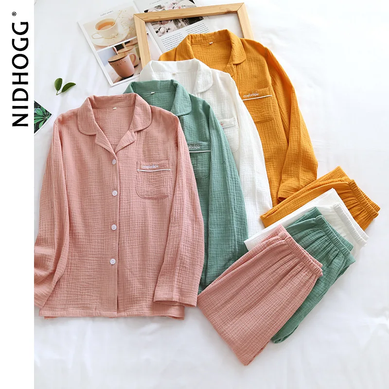 

Couple's Cotton Crepe Double Layer Gauze Pajamas Men and Women Large Size Sleepwear Long Sleeve Solid Pyjamas Two Piece Set