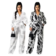 Women Two Piece Set Casual Irregular Letters Print Shirt Blouse Top And Long Wide Leg Sportsuit Fash