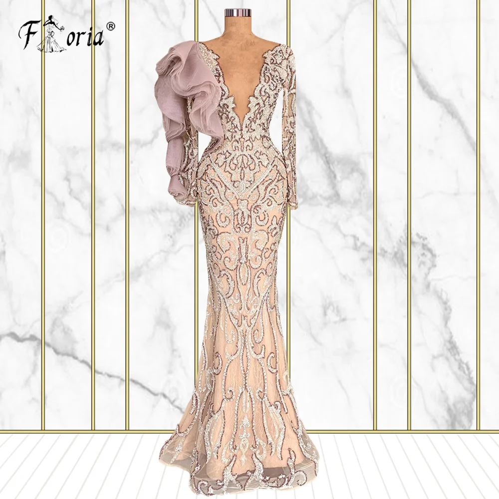 

Sparkly Long Sleeve Evening Dress Pageant Full Handmade Beaded Mermaid Skirt Sheer Neck Prom Party Gowns vestidos de fiesta