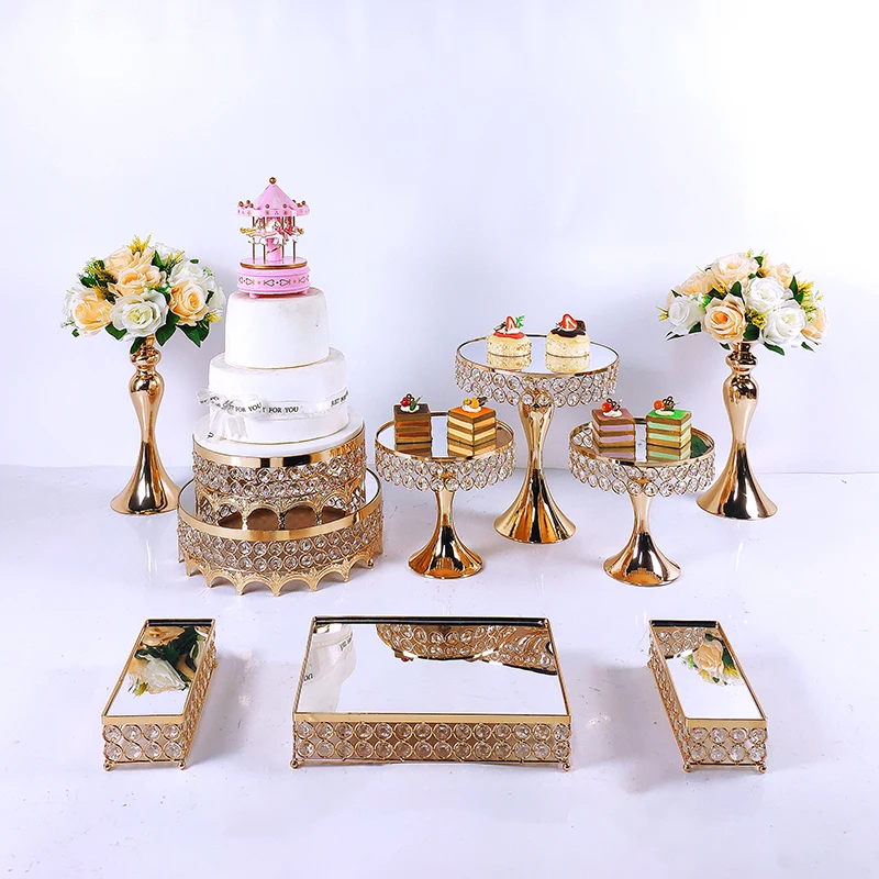 

5-14pcs Crystal Metal Cake Stand Set Acrylic Mirror Cupcake decorations Dessert Pedestal Wedding Party Display Tray