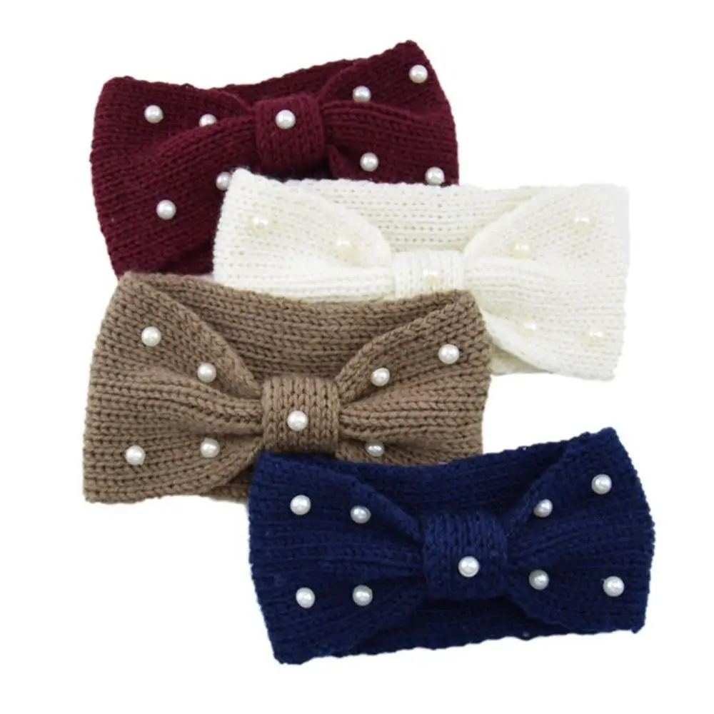 

Women Winter Crochet Knit Headband Imitation Pearl Bow bow Warmer headband Pearl Cute Ear Hairband I7E7