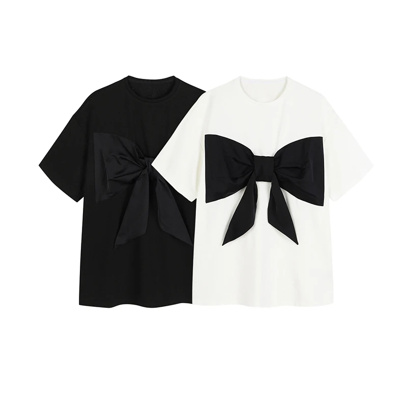 

SISPELL Patchwork Bowknot T Shirts For Female O Neck Short Sleeve Loose Women's Casual T Shirt Summer Fashion Streetwear New