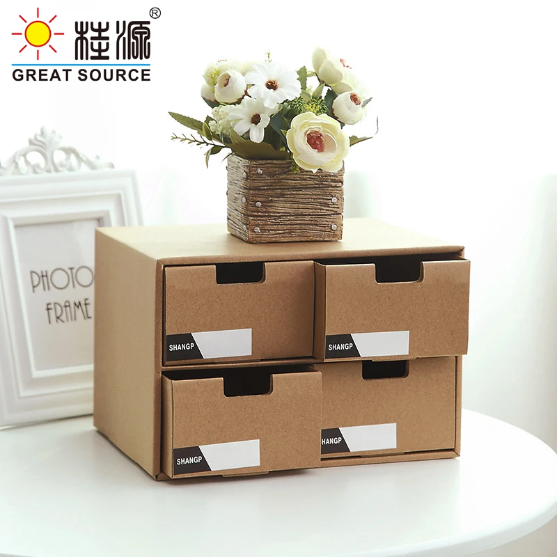2 Layers Storage Composable Cabinet Office 4 Drawers  Corrugate Foldable Home Storage Kraft Paper Environment Friendly(2PCS)