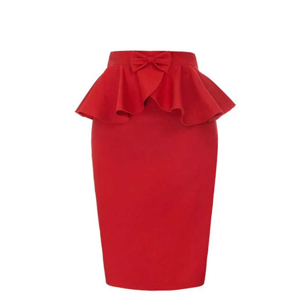 Красная прямая женская юбка с оборками и высокой талией элегантная Офисная