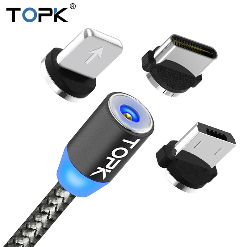 TOPK AM17 светодиодный магнитный USB кабель/Micro USB/type-C для iPhone X Xs Max магнитное зарядное устройство для samsung Xiaomi Pocophone USB C