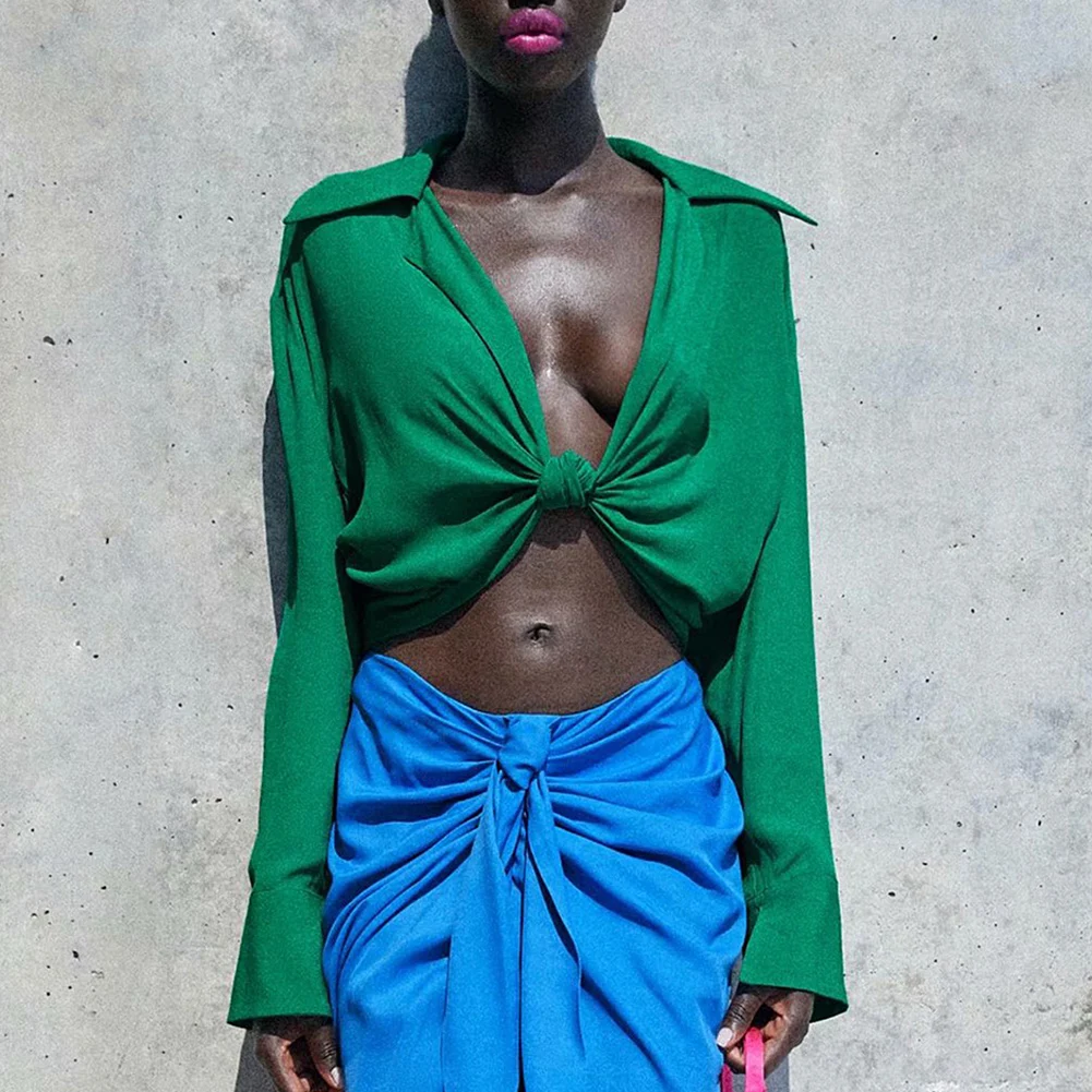

Green Crop Top Woman Za 2021 Female Ruched Long Sleeve Summer Blouse Women Fashion Knot Streetwear Elegant Blouses Thin Top