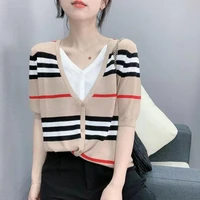 paragraph 2021 summer v neck easing off two thin ice silk knit stripe color matching jacket with short sleeves
