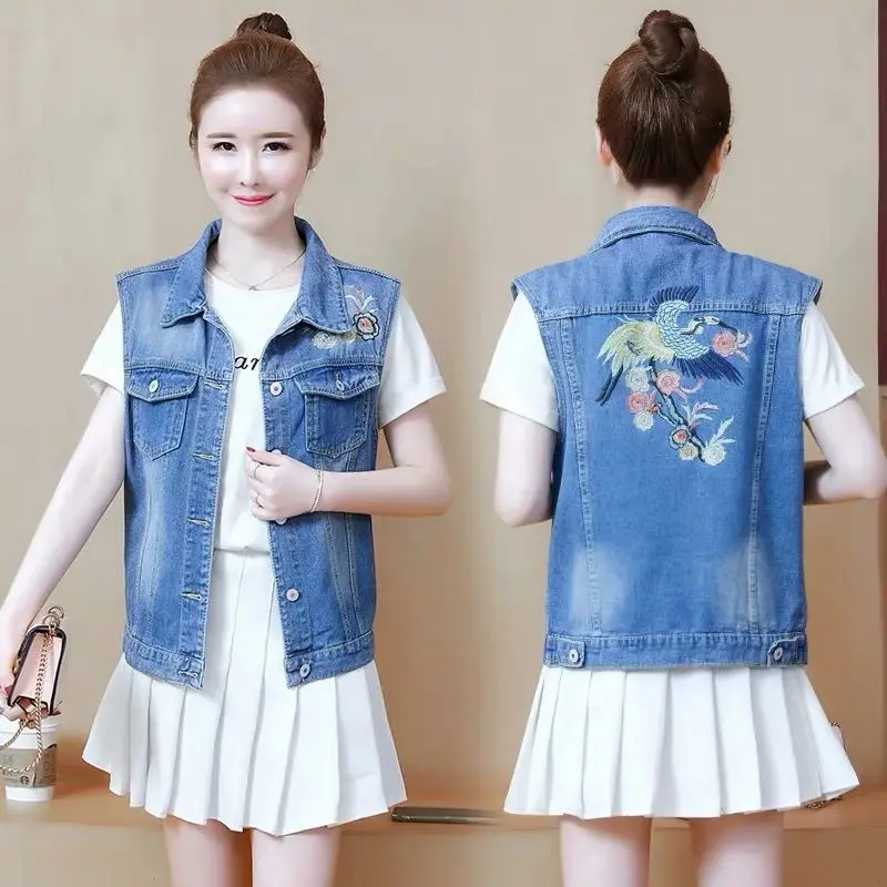 

2021 Spring Autumn New Korean Fashion Embroidery Vest Short Denim Vest Sleeveless Top Women Versatile Jacket Coat Oversized Hot