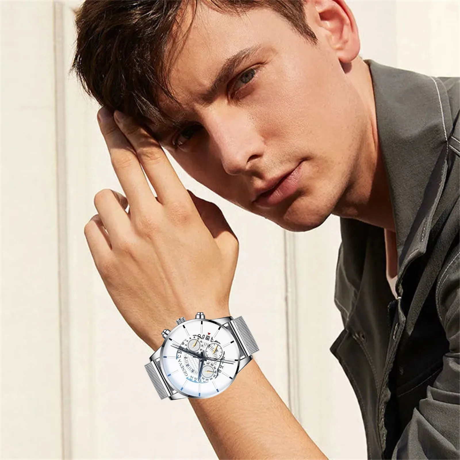 

2021 Luxury Men's Business Calendar Watches Stainless Steel Mesh Belt Quartz Watch Luxury Brand Wristwatches Sport Bithday Gift