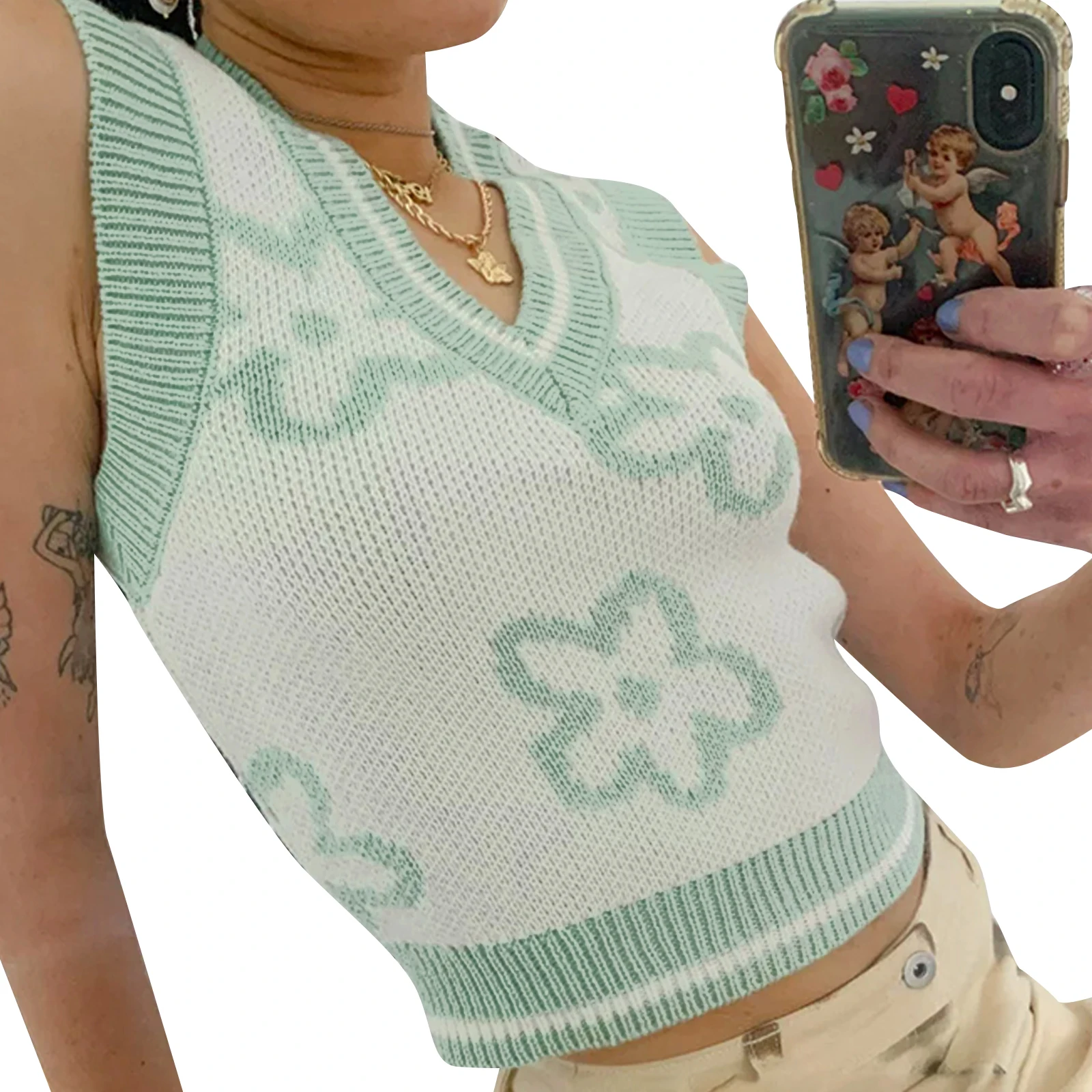 

Women’s V Neck Sweater Vest, Sexy Sleeveless Floral Print Slim Fit Knit Crop Tank Tops