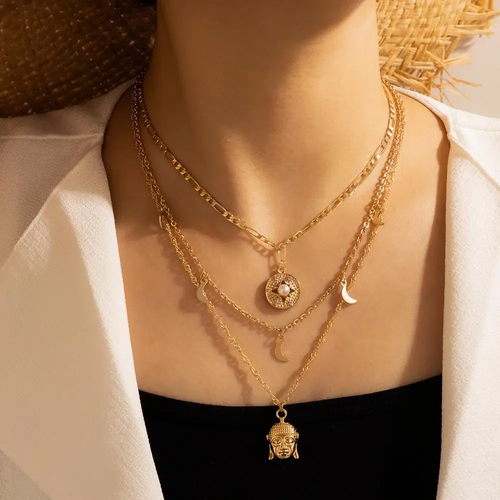 

HuaTang Vintage Pearl Crystal Sun Star Necklace for Women Multilayer Metal Buddha Pendant Female Collares Jewelry on the Neck