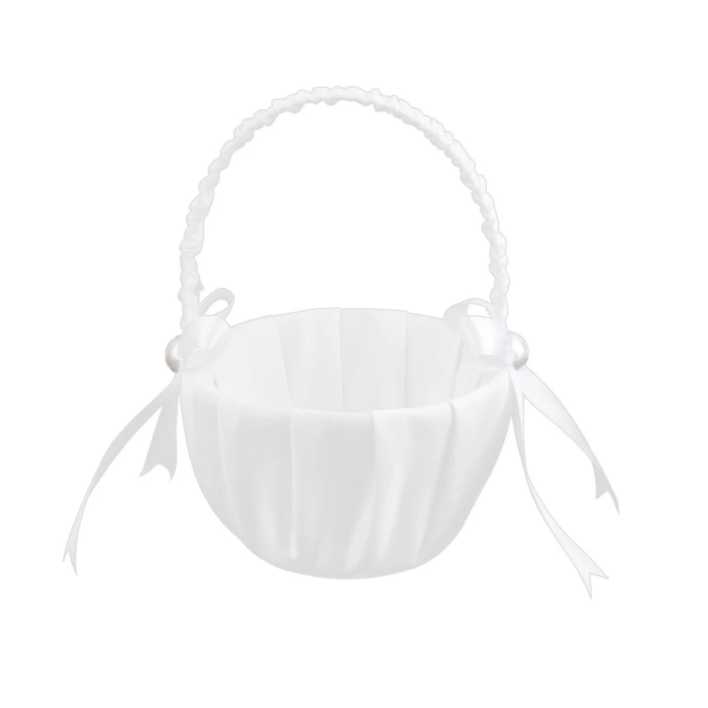 White Satin Beaded Wedding Flower Girl Basket Bowknot Decor | Дом и сад
