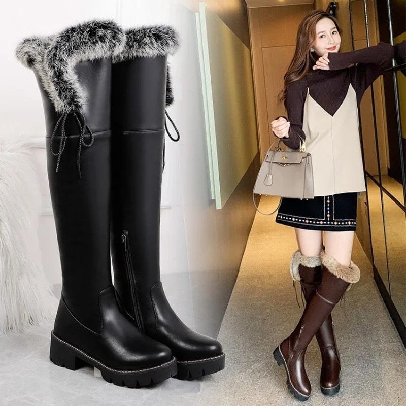 

Plus Size Over Knee Thigh High Boots Faux Fur Women Autumn Sexy Thin High Heels Platform Women Shoes Square Heel Loose Boots