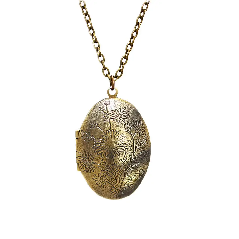 

1PCS Retro Brass Oval Carved Pattern Openable Photo Lockets Phase Box Flower Pattern Pendant Necklace Memorial Free Chain