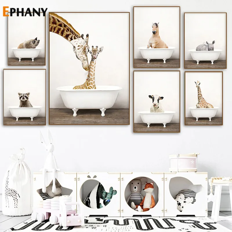 

Nordic Funny Bathtub Animal Canvas Painting Giraffe Bear Deer Hippo Wall Art Pictures for Kids Room Toilet Print Poster Decor