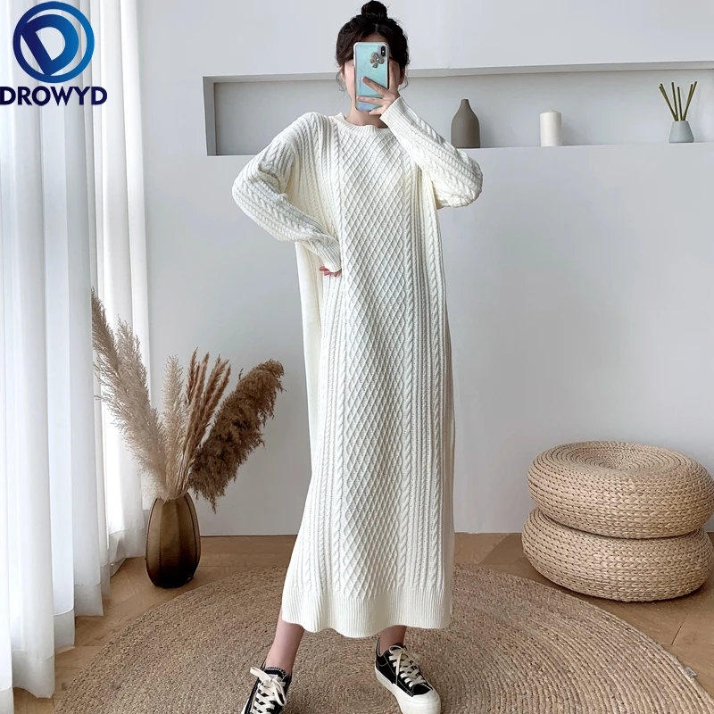 

2021 High Quality Korean Super Long Loose O-neck Pullover Twist Sweater Skirt Women Over The Knee Knitted Stretch Pullover Dress