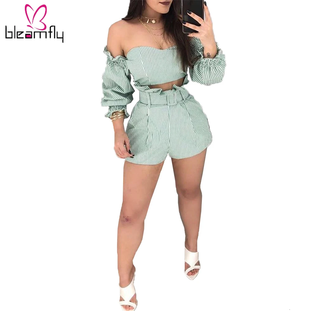 2019 Летняя женская блуза с открытыми плечами и длинным рукавом в полоску принтом