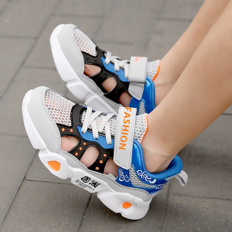 

New Cool Kids Summer Shoes for Boy Gray Sport Children Shoes Mesh Hollow Boys Casual Flat Sneakers Hook & Loop Kids Footwear