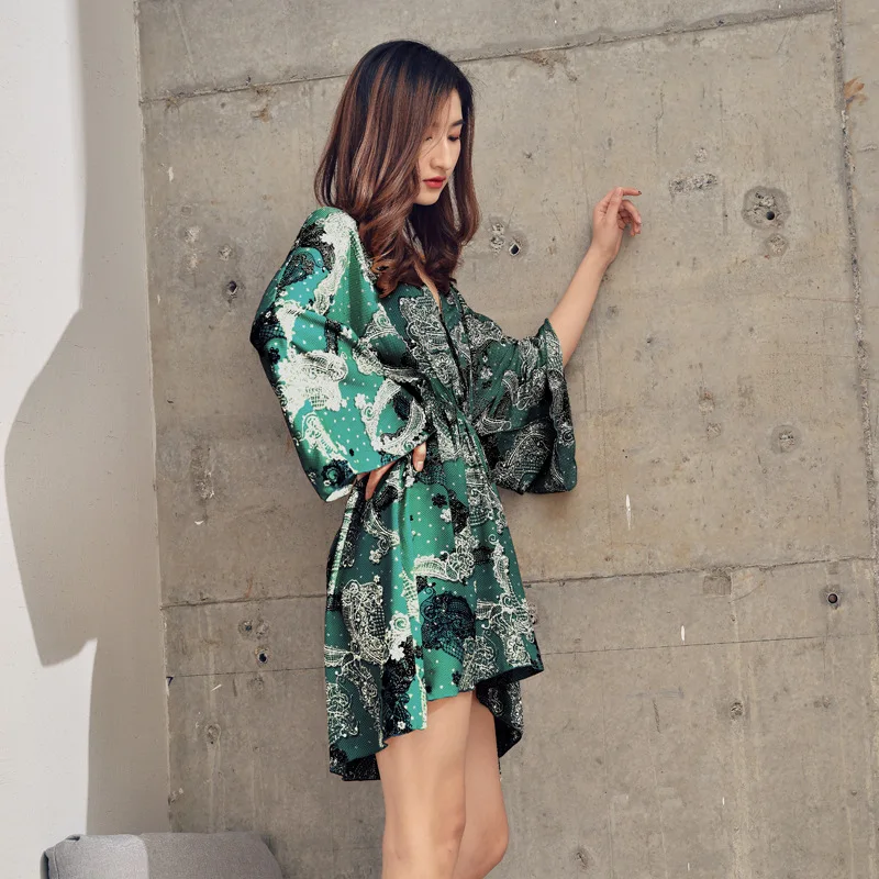 

Chiffon silk crepe nightdress retro printed summer pajamas Women Lounge sleepgown Bathrobe Clothes DZA242