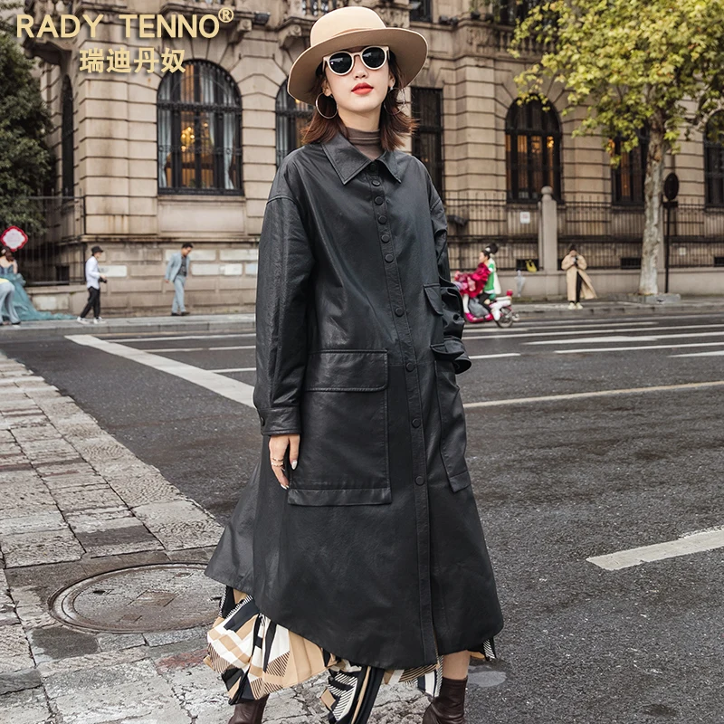 

JCHB 2021 New winter autumn Fashion sheep skin trench coat long casual loose leather leather coat for women