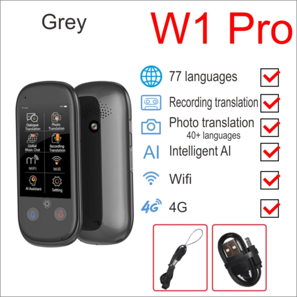 w1 pro Gray Boeleo global smart AI переводчик голоса мгновенный портативный vidro bateria несколько языков multilingue de voyage de voz одновременно - Цвет: w1 pro Gray