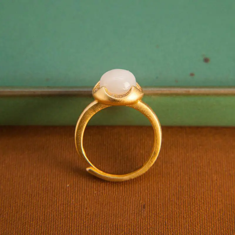 

S925 Sterling Silver Hetian Jade White Jade Gray Jade Ladies Ring Gold Fashion Graceful Personality Bud Ring Ring