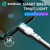 sikenai 5a smart power off data cable with led light usb type c fast charging cable for xiaomi