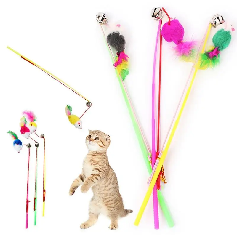 

New Cat Wand Interactive Funny Cat Feather Teaser Toy With Bell Plush Mice For Pet Kitten Playing Wand Cats Toy Supplies