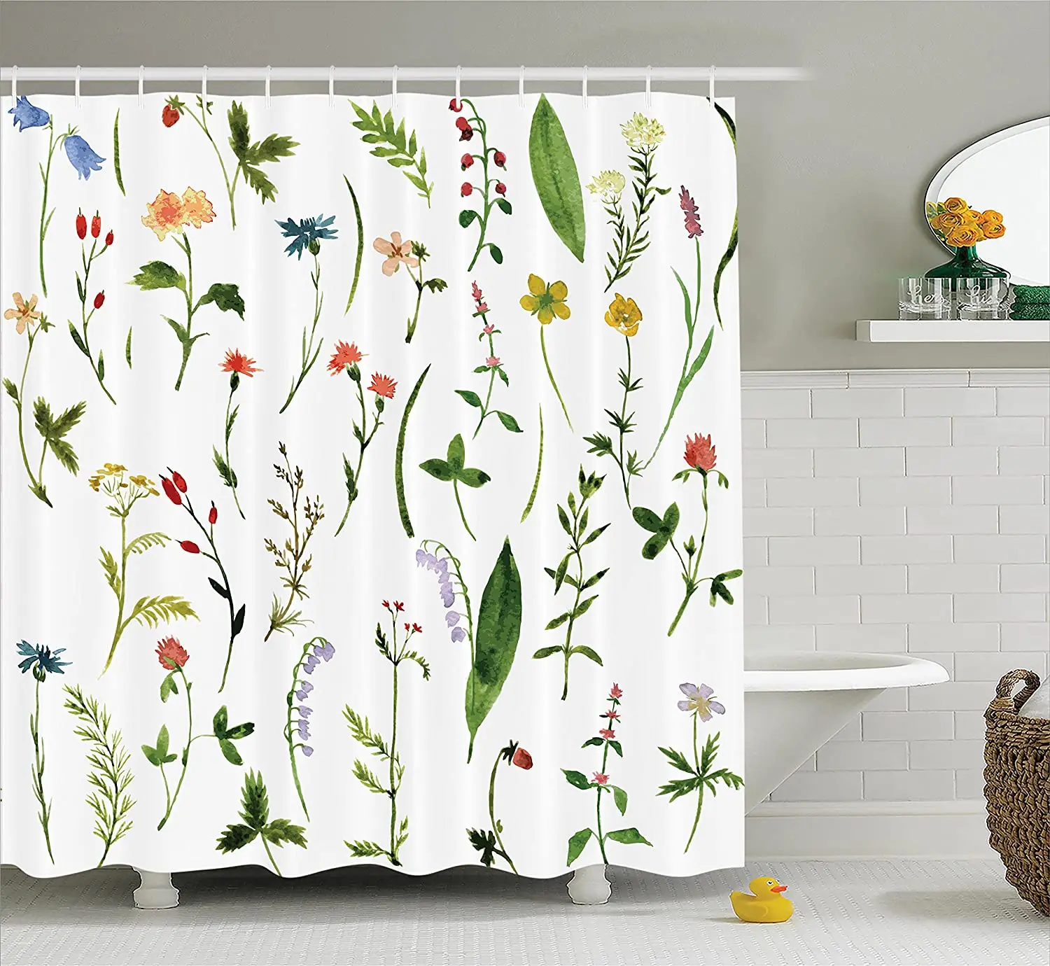 

Watercolor Flower Shower Curtain Set of Different Kind of Flowers and Herbs Weeds Plants Petite Nature Element Bath Curtains
