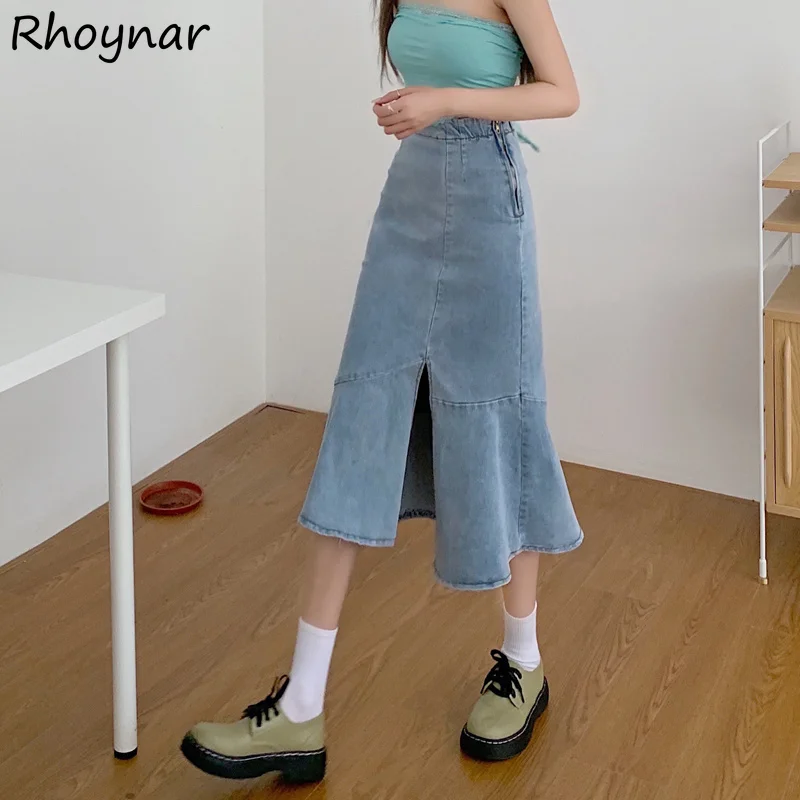 

Skirts Women Denim Asymmetrical Design Simple Leisure Side-slit Harajuku Students Cozy New Elegant Stylish Korean Style Summer
