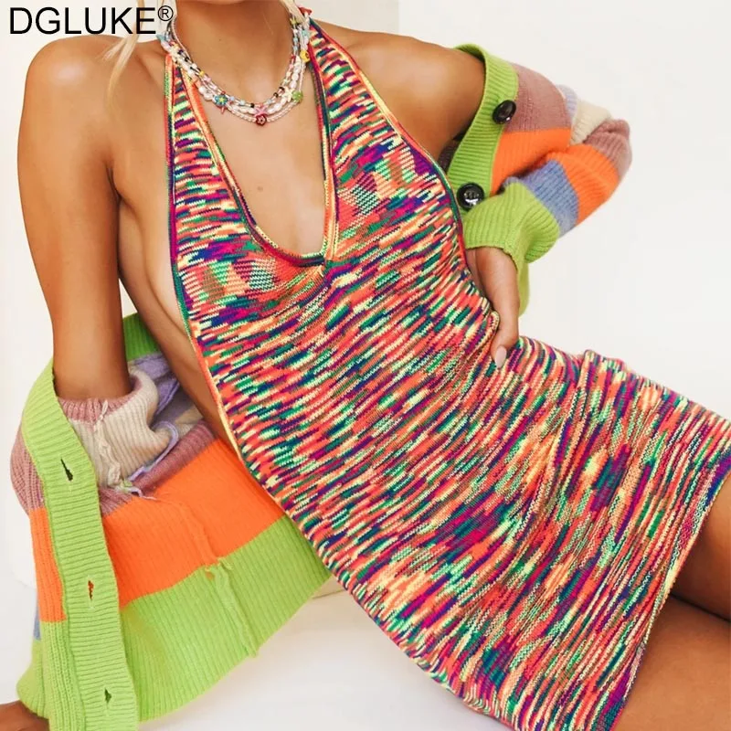 

В радужную полоску трикотажное летнее платье для женщин с лямкой на шее платье в богемном стиле без рукавов с открытой спиной пляжное мини-п...