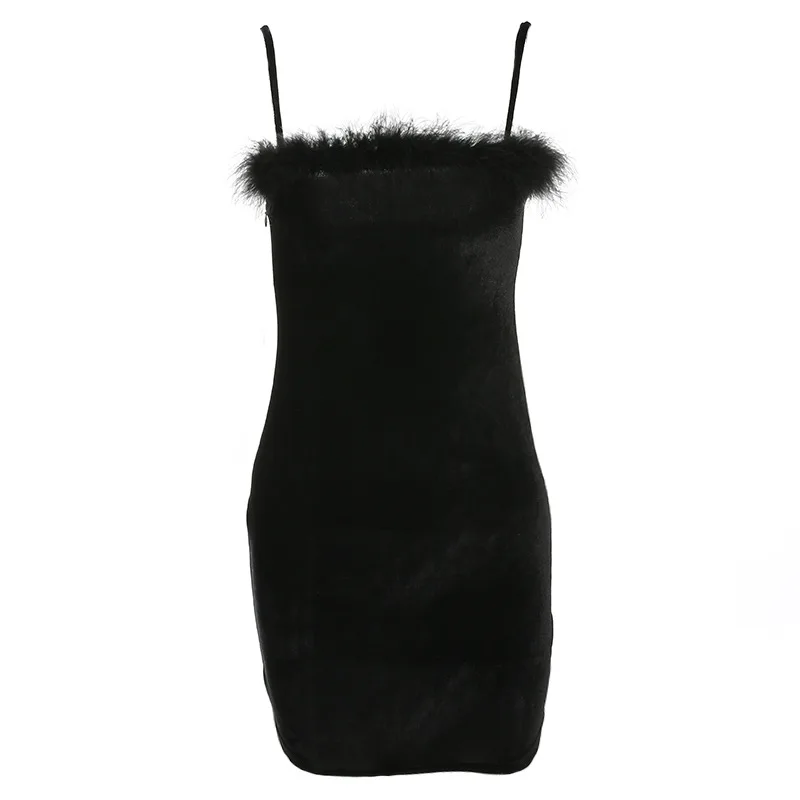 

Sexy Velvet Spaghetti Strap Dress Women Sheath Bodycon Faux Fur Black Mini Dress Party Vestido Elegant Dresses
